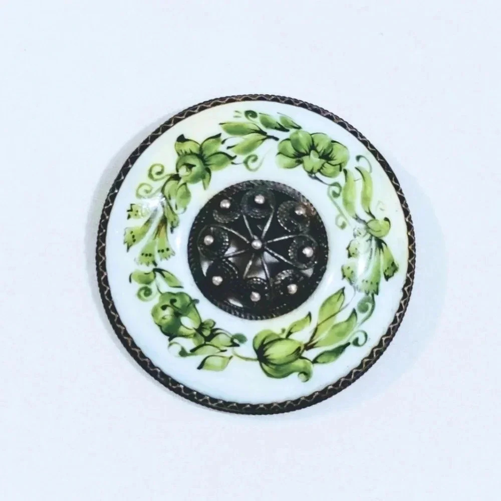 Antique Brooch Porcelain Green Botanical Garland Silver Metalwork